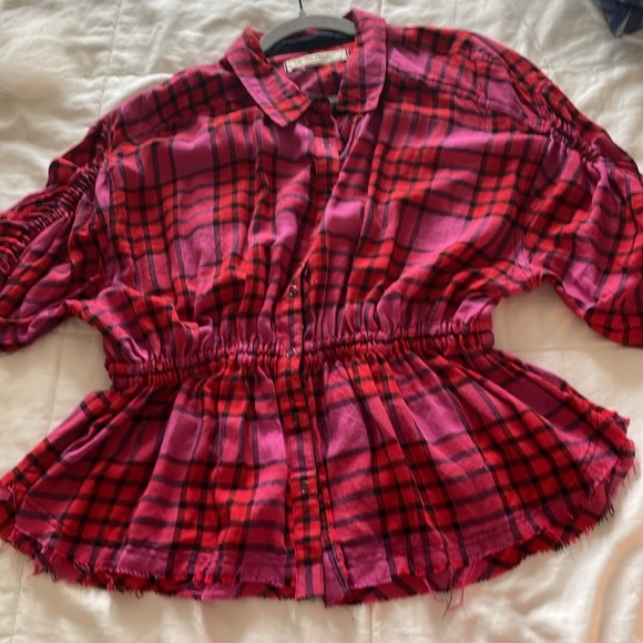 We The Free People Womens Top Red and Pink Distress Boho Button Down - Picture 6 of 11